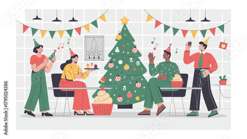 Foto Festive Gathering: A lively office Christmas party featuring colleagues in celebratory mood, complete with festive decorations, cake, and camaraderie
