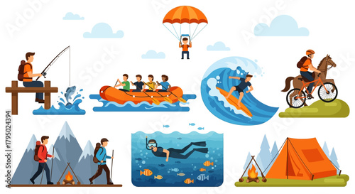 Flat design outdoor adventure activities collection: fishing, rafting, surfing, hiking, camping, diving, cycling, paragliding illustrations.