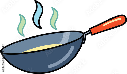 Cartoon Wok Pan With Steam Rising From Food Being Cooked With Orange Handle