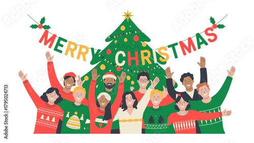 Joyful Christmas Celebration: A diverse group of people gather, celebrating the spirit of Christmas, the air is filled with joy, and the feeling of togetherness shines through.