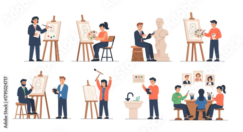 Flat Design Vector Illustrations of Diverse Artists Painting, Drawing, and Sculpting Creative Art Activities