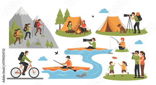 Flat design vector illustrations of diverse people enjoying outdoor adventure activities like hiking, camping, cycling, and kayaking.