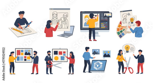 Flat Vector Illustration of Graphic Designers Collaborating on Creative Projects, Digital Art, and Ideas