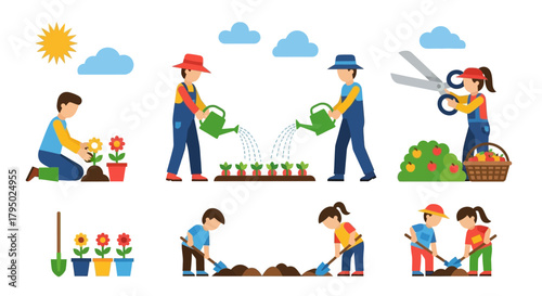Flat Vector Illustration of People Gardening, Planting, Watering, and Harvesting