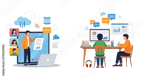 Flat vector illustration of online education, remote work, and virtual collaboration with diverse users
