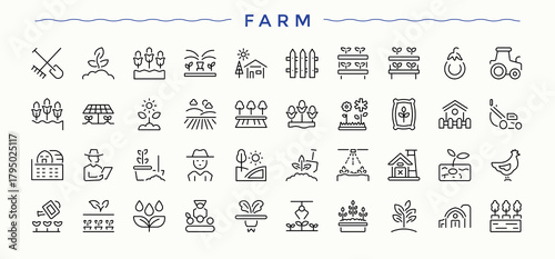 Farm icon set. Minimal thin line web icons set. It contains symbols to gardening, garden, agro, land. Editable stroke. Pixel Perfect. Harvest icon set.