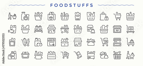 Foodstuffs icon set. Bakery and Bakery Shop vector line icon set. Pictograms of cake, shop, bake, baker, cafe, baking, restaurant and more.