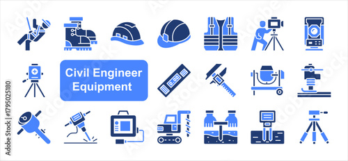 Civil engineer equipment icon set with Safety helmet, Theodolite, Laser level, Digital caliper, Soil compactor, Drilling rig, Moisture meter simple vector.