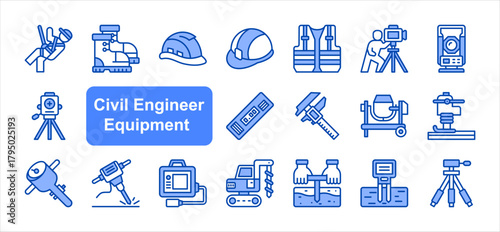 Civil engineer equipment icon set with Safety helmet, Theodolite, Laser level, Digital caliper, Soil compactor, Drilling rig, Moisture meter simple vector.