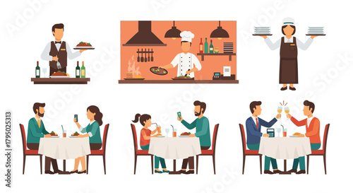 Flat vector illustrations of restaurant staff, chefs, waiters, and diverse customers dining.
