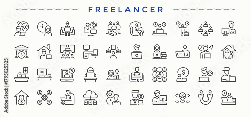 Freelancer icon set. Remote Working icon set. Minimalist icons collection. Contain linear symbols work, remote, freelancing, outsourcing, freelance and more. Pixel perfect. Editable stroke.