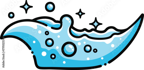 Abstract blue liquid splash with bubbles and sparkles on white background