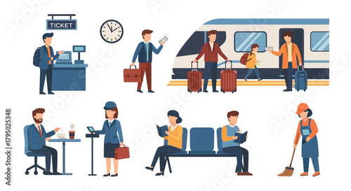 Flat vector illustrations of diverse people: travelers, staff, and activities at a modern train station.