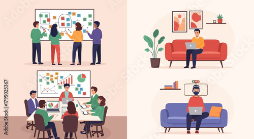 Four Scenes of People Working: Brainstorming, Remote Work, and Video Conferencing