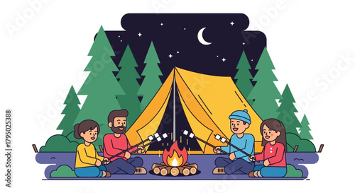 Four friends enjoying a campfire and roasting marshmallows outside a tent
