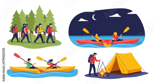 Group of Hikers Trekking Through Forest, Backpacks and Hiking Poles