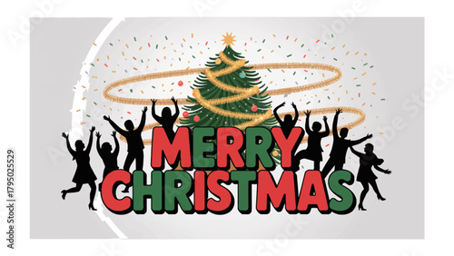 Festive cheer illustration: A vibrant illustration shows the jubilant spirit of Christmas, with a decorated tree surrounded by silhouettes dancing and celebrating the holiday.