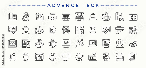 Advence Teck icon. Contains such symbols as computer, electronic, digital, mobile, tech, hardware. Laptop modern icon set. Thin linear style icons. Editable stroke collections.