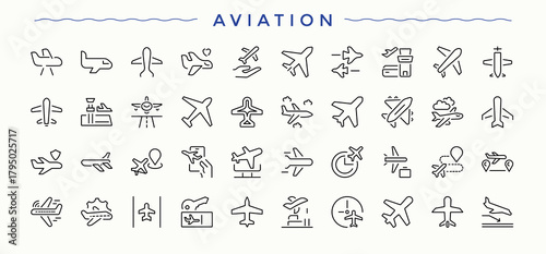 Aviation icon pack. Outline icons in linear style. Jet icon set. Includes symbols for travel, transportation, transport, flight, fly, jet and more.