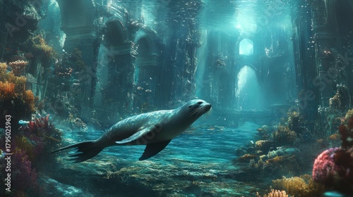 Fototapeta Naklejka Na Ścianę i Meble -  Submerged ancient ruins, sea lion swims through vibrant coral reef