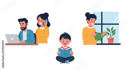 Illustrated set of a family's daily routine: parents working, a child reading, and a woman watering a plant.