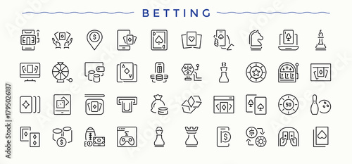 Set of Betting line icon. Pack of gambling, slot, card, poker, bet and more. Icons for application. Gambling icon set. Vector collections.
