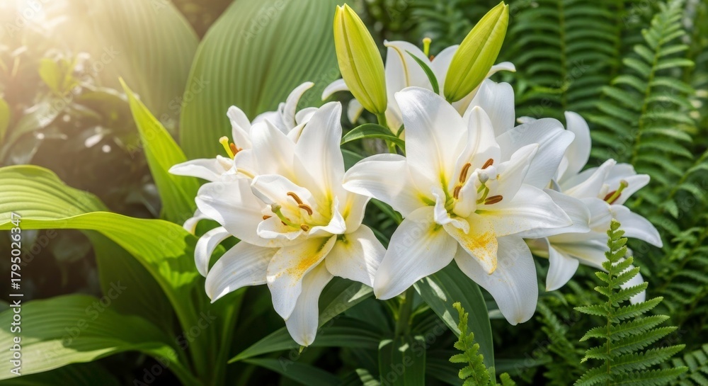 Fototapeta premium Fragrant Lily Blossoms: Delicate white lilies with vibrant yellow centers bloom, their petals gracefully unfurling. The surrounding lush greenery, bathed in soft sunlight.
