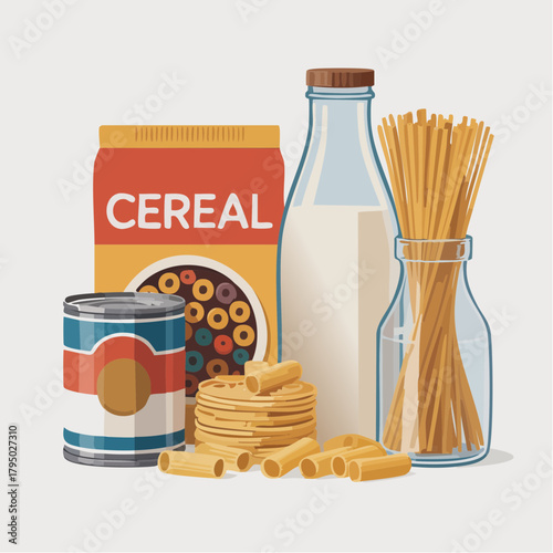 An assortment of common grocery items including cereal, milk, pasta, and canned goods, representing essential pantry staples.