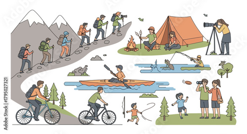 Outdoor Activities Illustration: Hiking, Camping, Kayaking, Biking, and Leisure