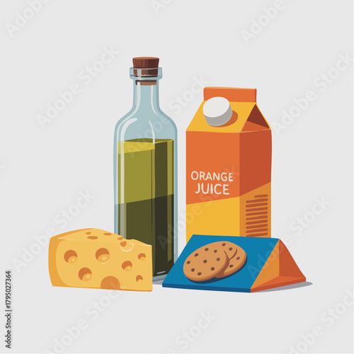 A still life composition of essential groceries including olive oil, cheese, orange juice, and cookies