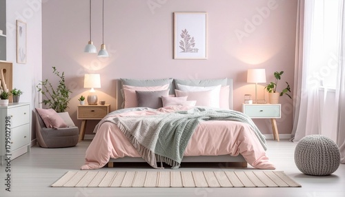 The photo shows a cozy bedroom with a pink theme and soft