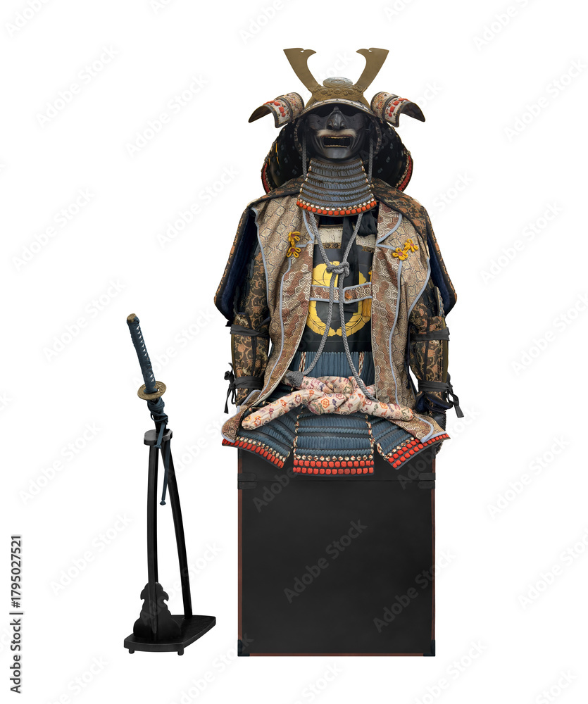 Naklejka premium Samurai armor and sword of Japanese warrior isolated on white background