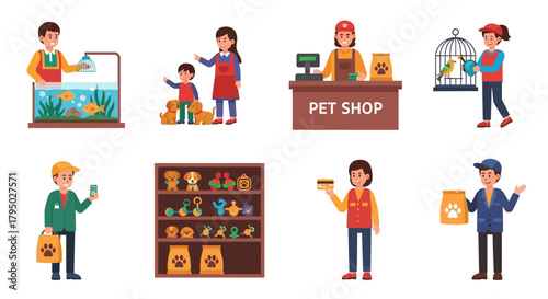 Pet Shop Cartoon Illustration with Staff, Customers, Animals, and Accessories