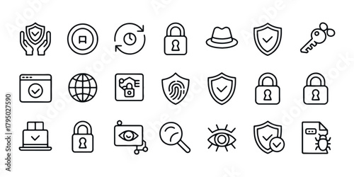 Cyber Security and Data Protection Vector Icon Set - Privacy, Encryption, Antivirus, and Shield Line Art