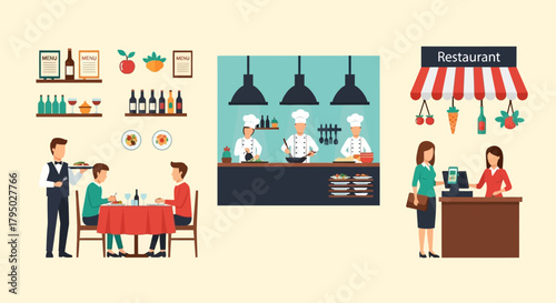 Restaurant Interior Illustration: Dining Area, Kitchen Staff, and Reception