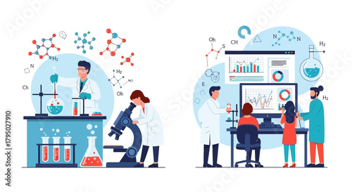 Scientists Conducting Chemical Experiments and Data Analysis in Laboratory
