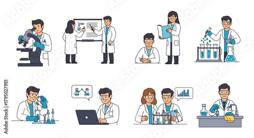 Scientists in Various Laboratory Activities, Wearing Coats and Goggles
