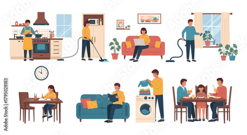 Set of vibrant flat design vector illustrations depicting daily home life, chores, and family moments.