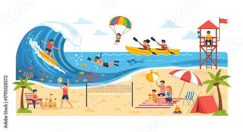 Surfer Riding a Yellow Surfboard on a Large Blue Ocean Wave, Summer Fun.