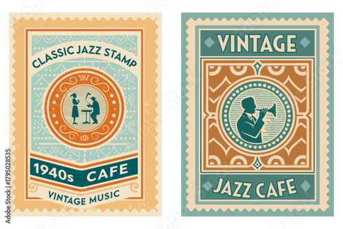 Classic postage stamp illustration of a jazz musician playing in an old café, 1940s atmosphere, soft grain texture