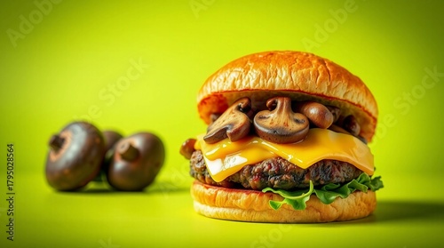 Mushroom burger Swiss burger gourmet burger beef burger fast food lime green background close-up lunch
