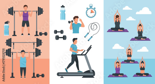 Two Men Lifting Weights with Barbells, Exercising in Gym