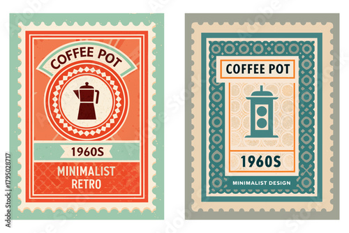 Retro 1960s postage stamp design with a minimalist coffee pot silhouette and perforated border, artistic layout