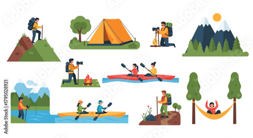 Vector graphic collection of outdoor adventure and camping scenes with people hiking, kayaking, and relaxing.