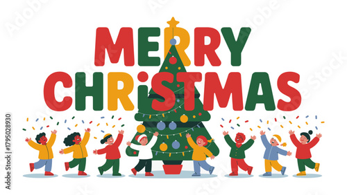 Joyful Christmas Celebration: A vibrant and cheerful illustration depicts children gathered around a decorated Christmas tree with a Merry Christmas banner.