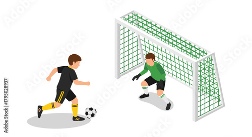 Isometric soccer match with player and goalkeeper in action