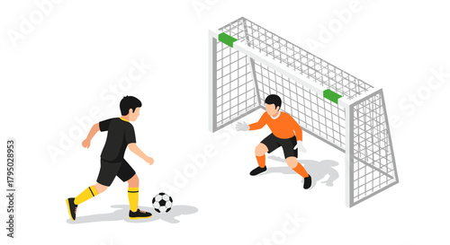 Isometric soccer players in action with goalkeeper and goal on white background