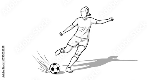 Dynamic linear drawing of a female football player kicking a soccer ball