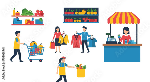 Vector Illustration of a Supermarket Scene with Shoppers and Groceries