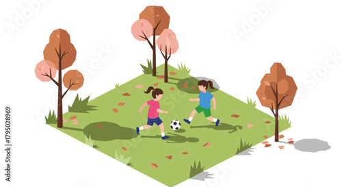 Children playing soccer in autumn park with falling leaves and trees